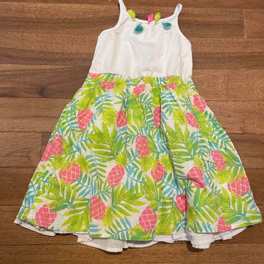 Tommy Bahama white and pink pineapple print dress with green leaves, size 6X
